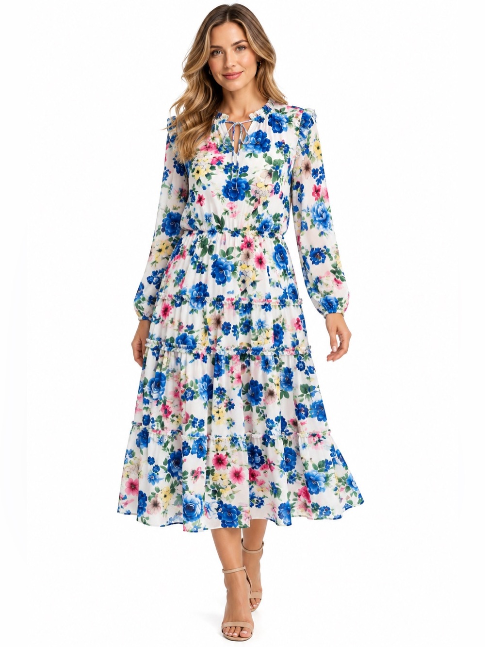 Tahari Floral Tiered Midi Dress Size 14 Long Sleeve Ruffle